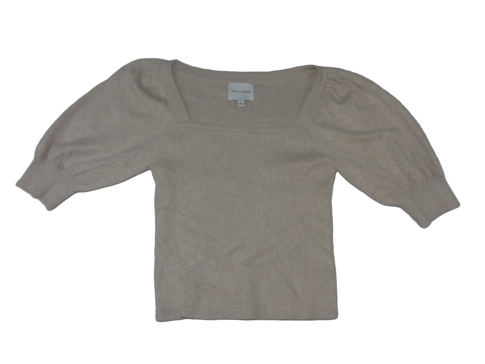 Pink Rose Beige Ribbed Puff Sleeve Top Small
